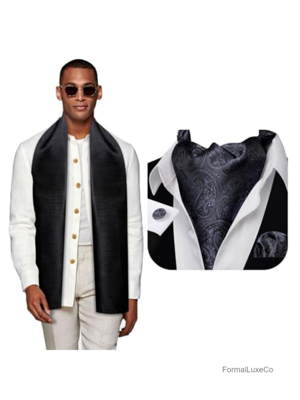 Men's Paisley Silk Scarf & Ascot Tie Set with Hankie & Cufflinks Gift Box